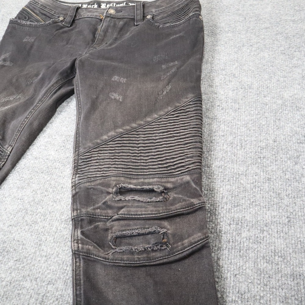Rock Revival Moto Men Black Distressed Biker Jeans Slim Fit Ribbed Details READ - Picture 3 of 16